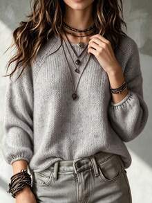 Women's Grey Textured Knit Sweater With Rolled Hem, Round Neck, Raglan Lantern Sleeves, Casual Versatile Soft Pullover, Suitable For Daily Wear In Autumn/Winter - Grey - View 3