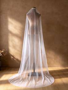 1pc Shiny Rhinestone Embellished Cathedral Length Bridal Veil With Hair Comb, Single Layer Soft Tulle Wedding Photography Accessory - Multicolor - View 10