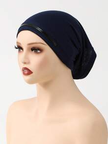 1PC Women's Solid Color Non-Slip Pullover Cap, Comfortable Skin-Friendly Base Cap, Breathable Headscarf Liner For Long Wear, Muslim Hijab Inner Cap, Suitable For Daily Use - A-dark Blue - View 6