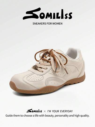 somiliss Women's Fashion Thin Sole Sports Casual Shoes PU Leather Front Lace-Up Comfortable Soft Bottom German Training Shoes Daily Commute Versatile Outdoor Walking Shoes 2026 New Autumn New Apricot