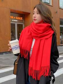 Women's White Tassel Scarf, Thick Warm Shawl, Solid Color Design, Multi-Functional Neck Warmer, Suitable For Cold Weather And Daily Wear, Autumn/Winter Style - Christmas And New Year Gift, Casual Decorative Accessory - Multicolor - View 5