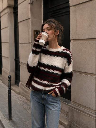 Women's Burgundy Stripe Knitted Drop Shoulder Sweater, Long Sleeve Round Neck Relaxed Fit Top For Winter And Fall
