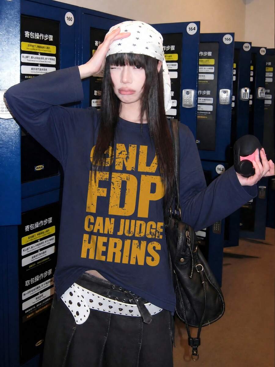 女款秋冬新款 1件式小碼個性化拼色復古字母印花休閒百搭街頭風寬鬆長袖T恤上衣 - 藏藍 - 查看 1