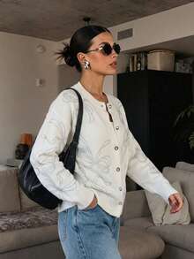 VIBEWAVE White Bow Rhinestone Single-Breasted Loose Long Sleeve Knit Cardigan Women Sweet Cool Luxury Hot Girl Style Spring Autumn Outerwear Top - White - View 3