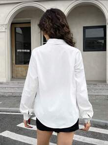 Girls' Cotton Button-Up Shirt, Long Sleeve V-Neck Casual Top With Turn-Down Collar - White - View 4