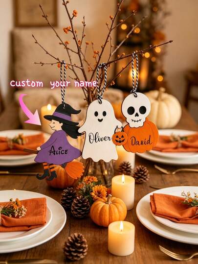 1pc Personalized Halloween Ornament, Custom Name Wooden Hanging Decor, Witch Ghost Pumpkin Bat Decoration, Kids Halloween Gift, Spooky Fall Home Decor, Party Tree Ornament & Holiday Keepsake
