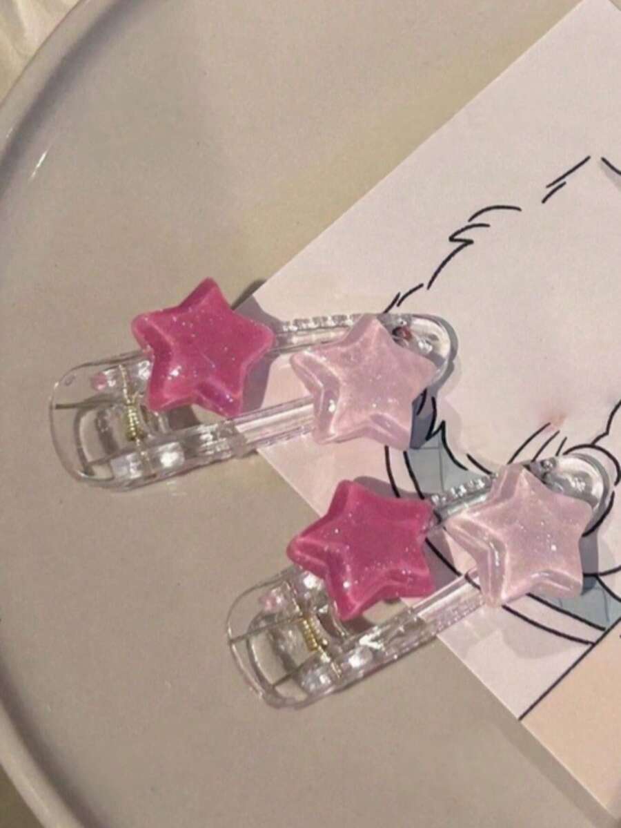 2pcs Jelly Pearlescent Star Pink Colorblock Transparent Sweet Minimalist Hair Clips - Pink - View 1