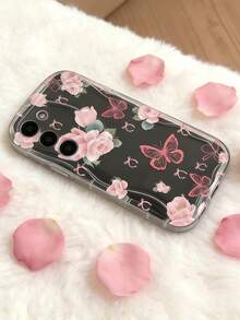 Creamy Dopamine Wave Ruffle Soft TPU Texture, Cream White Wave Edge Phone Case, Beautiful Playful Floral Phone Case Pink Rose Bow Print Black Background Transparent Wave-Shaped Curved Edge Soft TPU Shockproof Protective Phone Case, Compatible With Apple 11/12/13/14/15/16/17/18 Galaxy S21 S22 S23 S24 S25 S26/Honor/ And Other Models - Clear - View 1