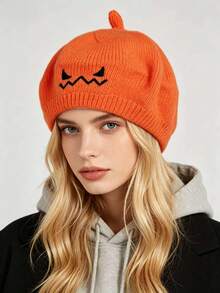 1 Peça Boina Tricotada de Abóbora de Halloween, Chapéu Tricotado Fofo com Rosto de Fantasma de Abóbora Laranja Bordado, Boina Macia e Quente para Outono/Inverno, Acessório de Cabeça para Cosplay, Decoração de Fantasia de Festa de Halloween, Acessório para Fotos - A - Visão 4