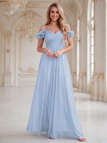 EVERPRETTY Summer Early Autumn Elegant Sequin 3D Floral Decor Spaghetti Strap Off-Shoulder Backless Light Blue Bridesmaid Dress Party Wedding Fall - Baby Blue - View 8