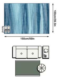 1PC Watercolor Gradient Blue Vertical Stripe Area Rug, Modern Art Style Faux Cashmere Rectangular Asymmetrical Brushstroke Texture Machine Washable Mat, Suitable For Living Room Bedroom Study Home Decor - Multicolor - View 14