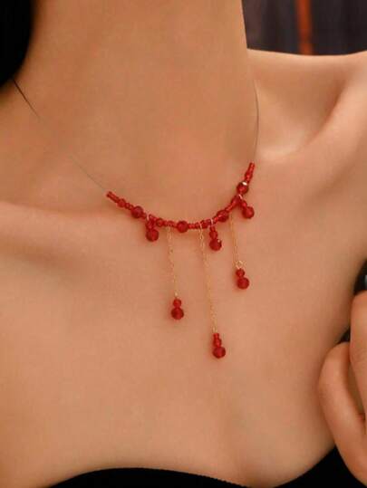 1 pieza Collar de borla de cristal acrílico con goteo de sangre minimalista estilo europeo & americano de Halloween para mujeres