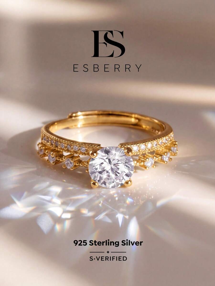 ESBERRY 1pc Minimalist S925/925 Sterling Silver Zirconia 4-Prong Adjustable Ring, Exquisite Jewelry, Gift For Women