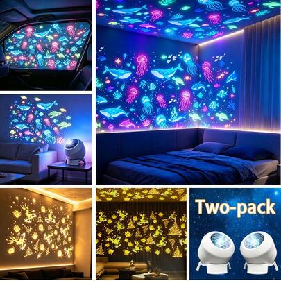 [2 piezas/Set] Luz decorativa dinámica con tema de animales marinos + ciervo navideño, luz nocturna de atmósfera con proyección dinámica, luz y sombra giratoria de 360° de ensueño, luz suave sin deslumbramiento, luz de atmósfera para techo, camping, RV, dormitorio, sala de estar, adecuada para Halloween, Navidad, fiesta de cumpleaños, regalo perfecto