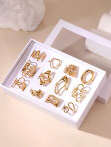 12PCS Exaggerated Elegant 18K Gold Plated Stainless Steel Heart Flower Geometric Crown Bow Rings Jewelry Box Set Gift Box Packaging Suitable For Women Daily Wear And Gifting - Gold - View 7