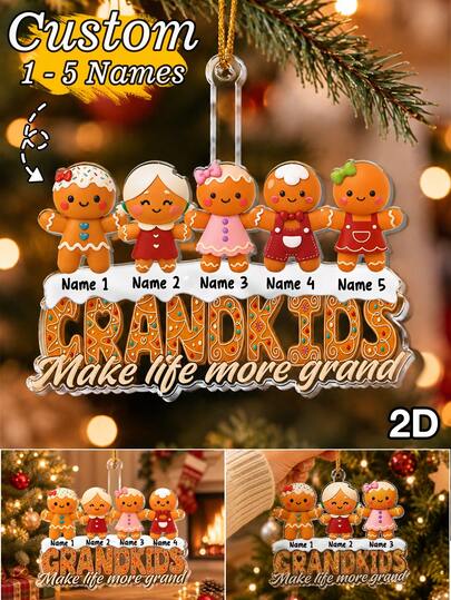 Custom Grandkids Christmas Ornament, Personalized 1-5 Names Gingerbread Family Decor, Merry Christmas Tree Hanging Decor For Holiday Home And Family Gifts, Customized Wooden Keepsake Ornament, Customizable Xmas Gift, Christmas Decorations.