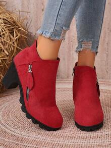 Women's Autumn/Winter Solid Color Side Zipper Chunky Heel Ankle Boots, Fashion Thick Platform Waterproof Versatile Western Style Side Zipper Chunky Heel Holiday Outdoor - Red - View 12