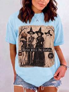Halloween Girl Gang, Girls Being Girls, Retro Witch Headdress, Ghost Skull, Pumpkin - Blue - View 3