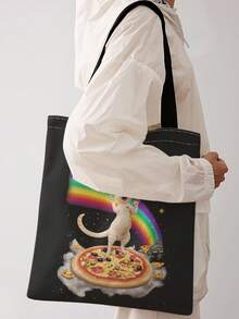 1pc Reading Black Cat Print Shoulder Tote,Large Capacity For Books,Groceries & Daily Beach Travel School Use.For Students, Great Daily Bag Or Gift - Multicolor - View 10