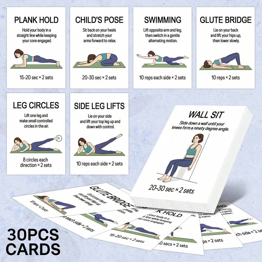 30pcs Pilates Mat Workout Cards, Exercise Cards For Full Body Fitness, Illustrated Pilates Core Training Cards With Instructions, Daily Exercise Cards, Perfect For Friends, Family & Beginner - A - View 1