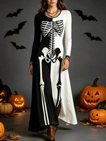 Women's Halloween Costume Print Long Sleeve Casual Colorblock Dress - Mysterious Skeleton Pattern Conservative Minimalist Basic Halloween Dress, Black And White Dual Color, Suitable For Theme Halloween Party/Carnival Night/Unique Design Matching, Dark Theme Event Holiday Outfit Dress