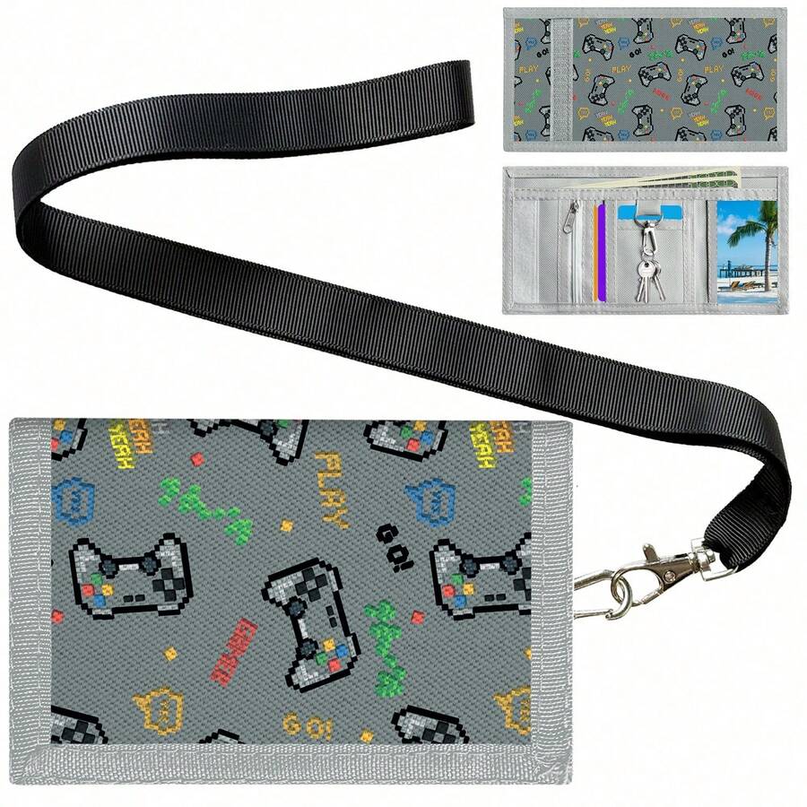 1pc Cool Cartoon Game Console Trifold Wallet, Neck Hanging Wallet, Gift For Boys And Girls, Suitable For Daily Use - Grey - View 1