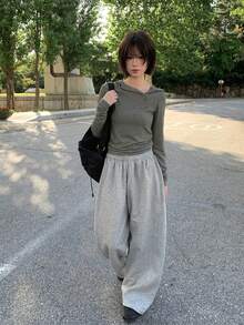 Korean Style Early Spring Versatile Retro Minimalist Design Asymmetric Button Slim Fit Flattering Hooded T-Shirt Top - Dark Grey - View 4