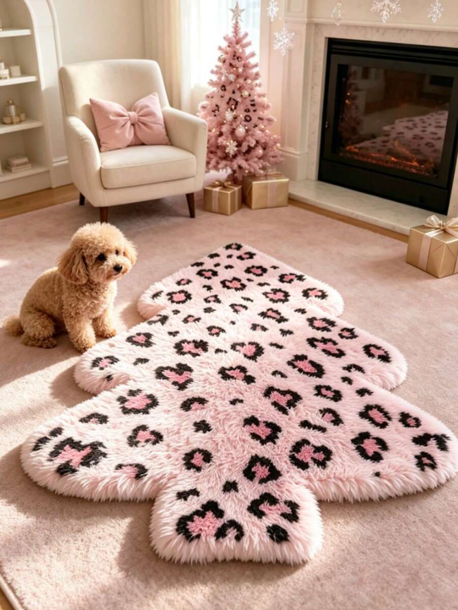 1pc Pink Leopard Print Silk Christmas Tree Decorative Rug, Love & Healing Bedroom Decor, Small Rug, Carpet, Home Decor, Living Room Rug, Living Room Small Rug, Bedroom Rug, Living Room Home Decor, Outdoor Rug, Washable Rug - Multicolor 6 - View 1
