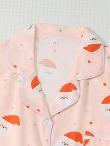 2pcs Comfortable Santa Claus Polka Dot Print Short Sleeve Lapel Top And Bow Shorts Women's Pajama Set - Pink - View 3