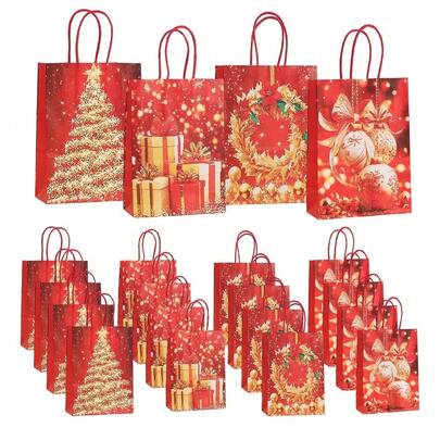 Red & Gold Foil Christmas Kraft Paper Gift Bag With Gold Christmas Tree, Wreath & Colorful Ball Print, Red Jute Rope Handle, For Christmas Holiday Gift Wrapping, Winter Party & Boutique Packaging, Random Style