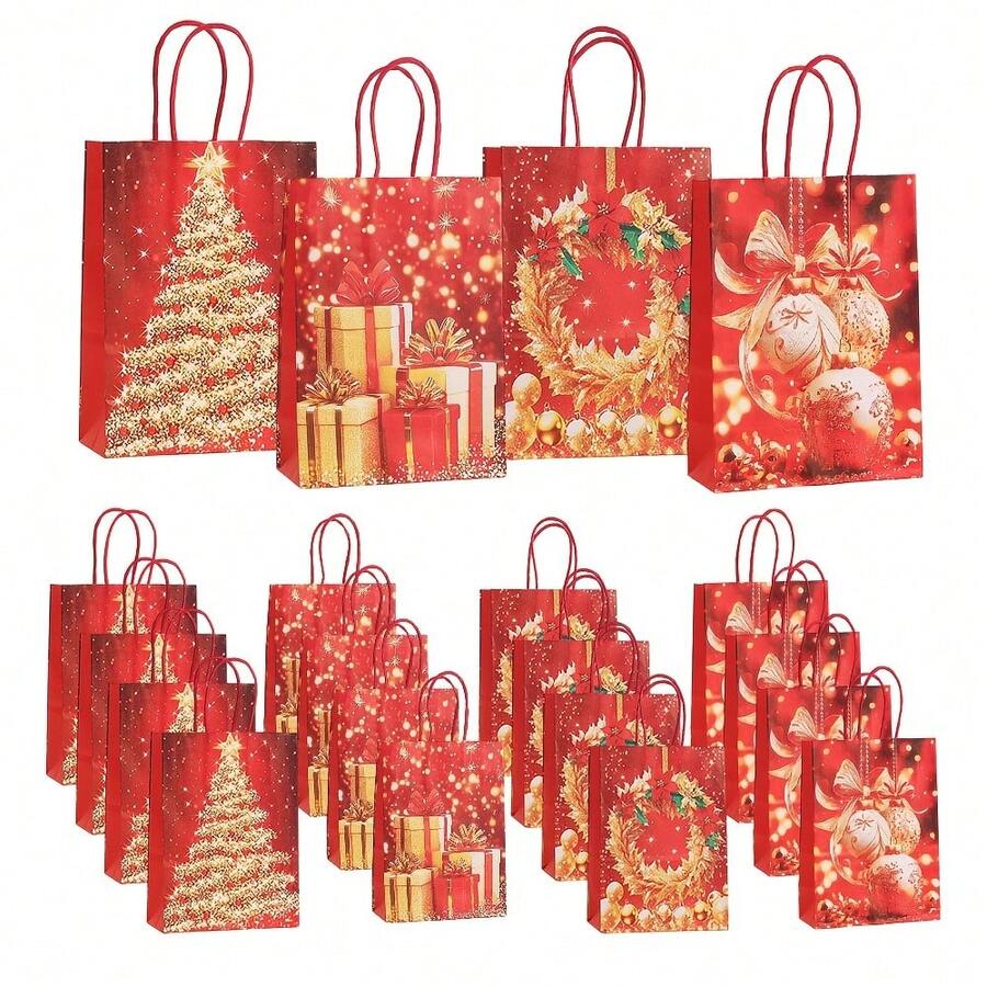 Red & Gold Foil Christmas Kraft Paper Gift Bag With Gold Christmas Tree, Wreath & Colorful Ball Print, Red Jute Rope Handle, For Christmas Holiday Gift Wrapping, Winter Party & Boutique Packaging, Random Style - Red - View 1