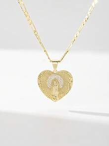 1PC European & American Classic Style Copper Inlaid Zirconia Suitable For Layering Vintage Gold Heart-Shaped Our Lady Of Guadalupe/Virgin Mary Guardian Light Limited Edition Necklace, Suitable For Christmas/Thanksgiving/Halloween/Mother's Day/Valentine's Day Couples/Friends/Fellow Believers Gift, Catholic First Communion, Gift, Daily & Holiday Wear Prayer - Yellow Gold - View 7