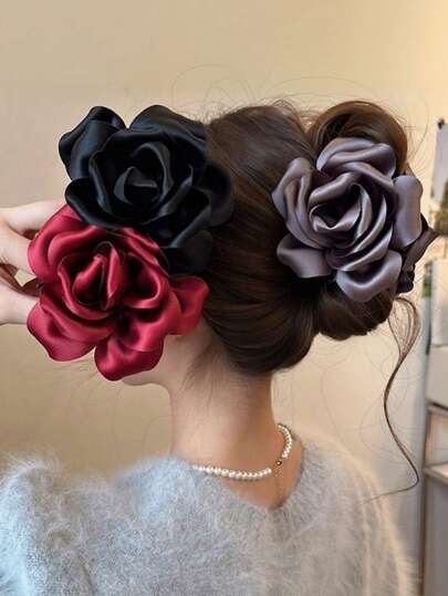 3pcs Women's Elegant Satin 3D Rose Flower Hair Claw Clips Hair Accessories Hair Clips Suitable For Daily Use Home School Beach Vacation Work Commute Party Holiday Birthday Gift Back To School Season College Style New Year Valentine's Day Mother's Day Gift Wedding Season Bride Music Festival Spring Summer Autumn Winter