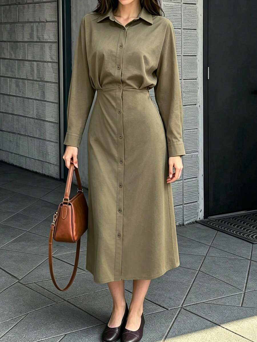 Gaun Wanita Lengan Panjang Pas Badan dengan Kerah Kemeja Berkerut Minimalis Warna Polos, Siluet Kepompong, Model Kancing Depan, Warna Solid, Gaya Musim Semi/Gugur - Olive Green - View 1