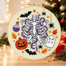 1PC 15*15cm/5.9*5.9in 20*20cm/7.9*7.9in, Halloween Skeleton Embroidery Kit, DIY Handmade Embroidery Set For Adult Beginners, Home Gift, Women's Sewing Gift, Including User Manual, Printed Pattern Fabric, Embroidery Frame, Needle And Thread. - Halloween Skeleton - View 4