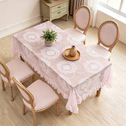 1pc Pink Lace Organza Tablecloth, French Luxury Style Lace Ruffle Edge Table Runner, Suitable For Round And Rectangular Dining Tables, Living Room, Coffee Table, Vanity, Cabinet And Other Decor, All Seasons