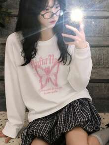 Y2K甜酷風白色紮染蝴蝶印花長袖T恤女款 寬鬆顯瘦韓系百搭上衣 - 白色 - 查看 3