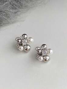 1 Pair Cool Elegant Small Round Ball Rhinestone Faux Pearl Stud Earrings Suitable For Women's Daily Commute Wear - Silver - View 7