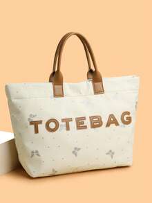 New Women's Tote Bag, Nylon Fabric, Butterfly Print & Letter Pattern, Handbag For Outing, Commuting, Shopping, Large Capacity - White - View 10