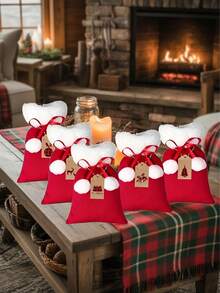 3set Christmas Drawstring Gift Bag Set- Bags Featuring Pom-Poms And Matching Gift Tags. These Reusable Fabric Bags Are Perfect For Packaging Small Gifts And Are Also Ideal For Christmas And New Year's Party Decorations And Gift Wrapping - Multicolor - View 5