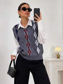 Women's Vertical Striped Argyle Jacquard Knit Vest, Round Neck Sleeveless Sweater Fall - Grey - View 4