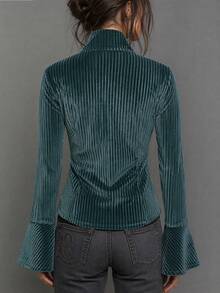 Women's Autumn Velvet Striped Slim Fit Blazer, V-Neck Lace Trim Long Sleeve Jacket With Gold Buttons - Teal Blue - View 2