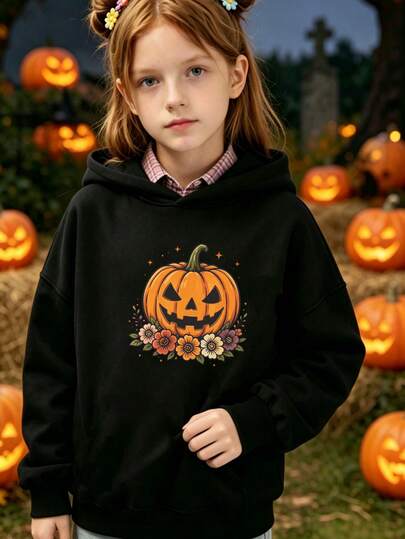 1-Piece Girls' Halloween Hoodie, Vintage Floral Pumpkin Print Pullover Hoodie, Long-Sleeve Sweatshirt For Everyday Parties - Festive Gift