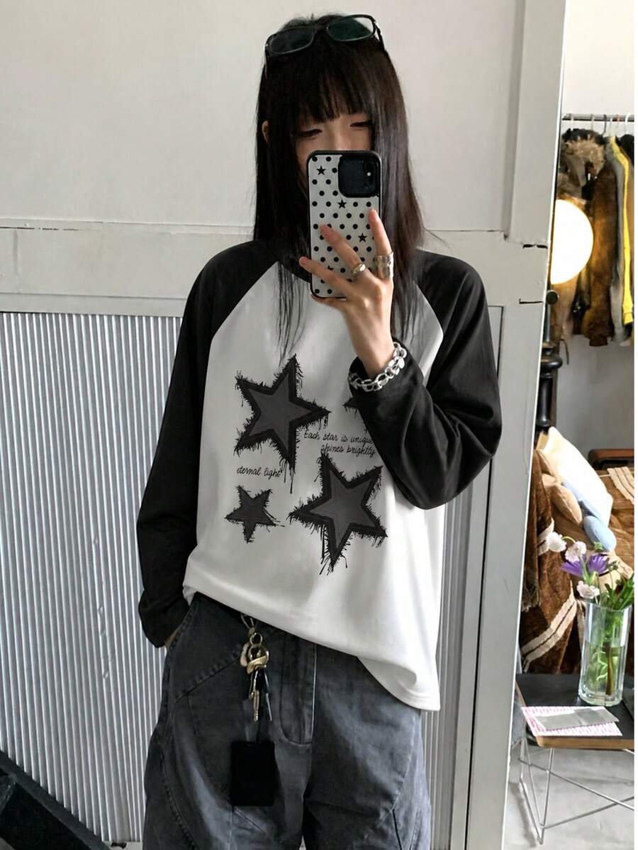 Y2K American Retro New Women's Round Neck T-Shirt Casual Loose Fit American Star Print Pattern Versatile Contrast Color Raglan Sleeve Long White - White - View 1