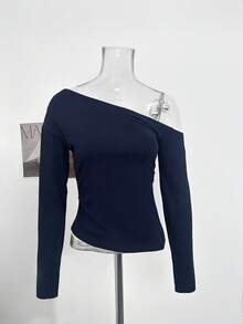 Autumn New Lace Patchwork Asymmetric Shoulder Long Sleeve T-Shirt, Sweet & Spicy Slim Fit Flattering Top - Navy Blue - View 6