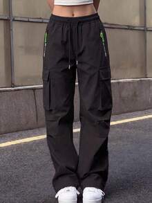 Knot & Curve Women's Outdoor Commute Cargo Pants Loose Slimming Straight Leg Elastic Waist Zipper Pockets Versatile Sports Long Pants - Black - View 2