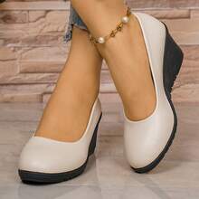 Sepatu hak wedges minimalis wanita, ujung bulat, sol tebal, menambah tinggi badan, gaya komuter musim semi/gugur, sepatu kasual serbaguna. - putih pucat - View 2