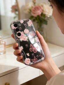 Creamy Dopamine Wave Ruffle Soft TPU Texture, Cream White Wave Edge Phone Case, Beautiful Playful Floral Phone Case Pink Rose Bow Print Black Background Transparent Wave-Shaped Curved Edge Soft TPU Shockproof Protective Phone Case, Compatible With Apple 11/12/13/14/15/16/17/18 Galaxy S21 S22 S23 S24 S25 S26/Honor/ And Other Models - Clear - View 6