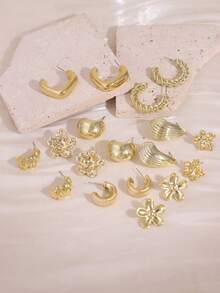 3-9 Pairs Water Drop Flower Multi-Layered Earrings Set, Versatile Daily Wear Floral Stud Earrings - Gold - View 5