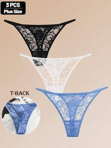 3pcs Plus Size Women Sexy Lace Thong Panties, Low Waist T-Back Comfortable Romantic Underwear - Multicolor - View 1